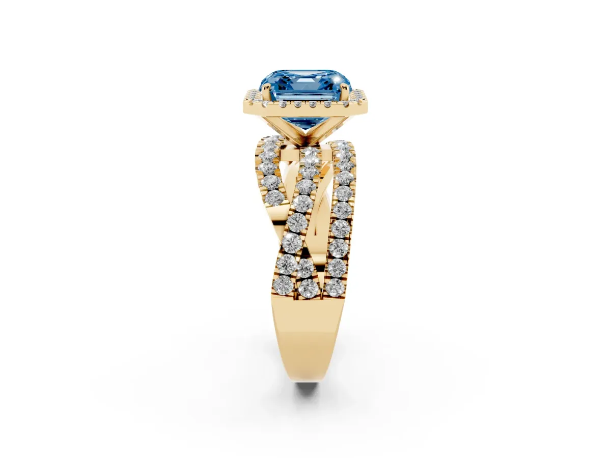 Fancy Blue Asscher Cut Diamond Halo Ring with Round Split Shank and Prong Setting Yellow gold