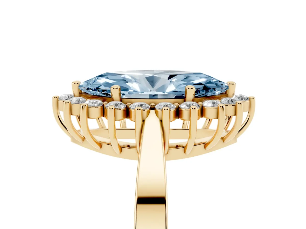 Fancy Blue Marquise Cut Cut Diamond Halo Ring with Round Brilliant Halo and Solitaire Band Yellow gold