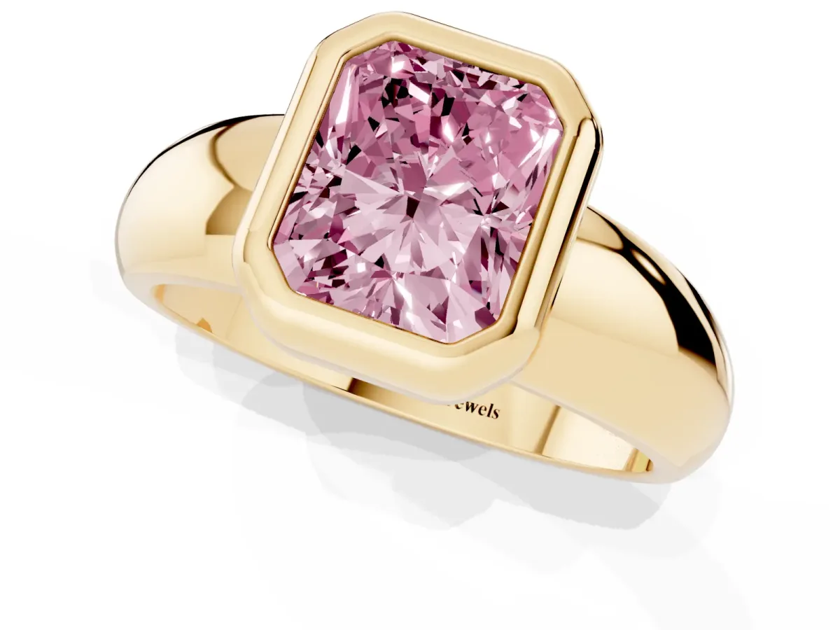 Fancy Pink Bezel Set Radiant Cut Solitaire Ring with Wide Band Yellow gold