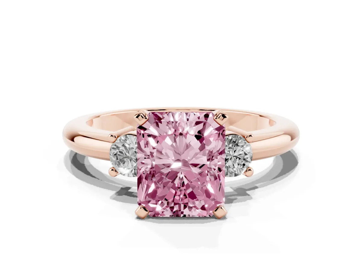 Fancy Pink Three-Stone Radiant Cut Cut Diamond Solitaire with Prong Setting and Classic Band Rose gold