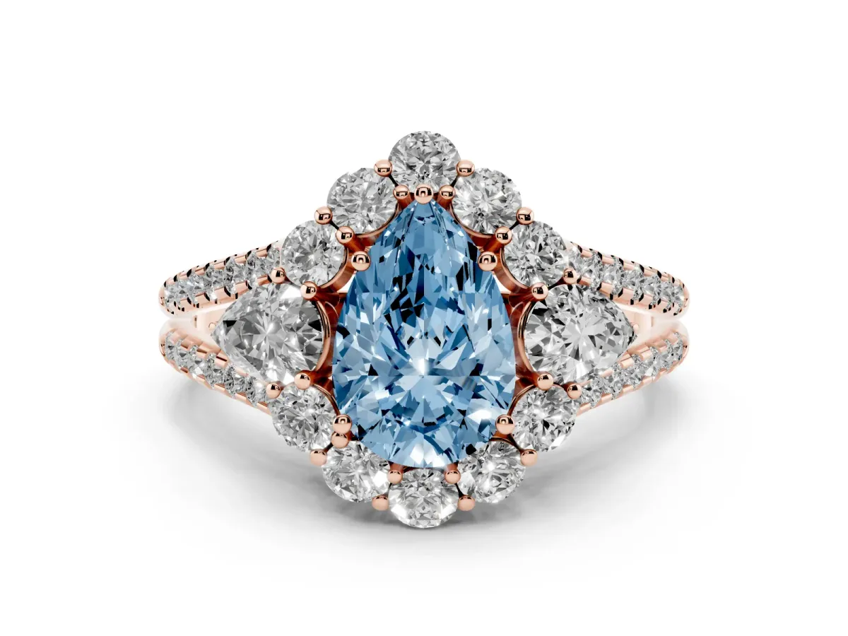 Fancy Blue Pear Cut Halo Split Shank Diamond Engagement Ring with Prong Setting Rose gold