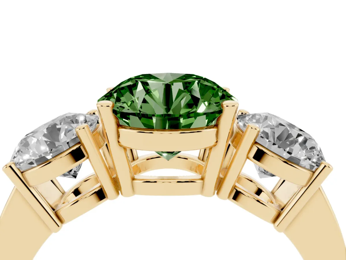 Fancy Green Three-Stone Round Cut Cut Diamond Engagement Ring with Flat Band and Four-Prong Setting Yellow gold