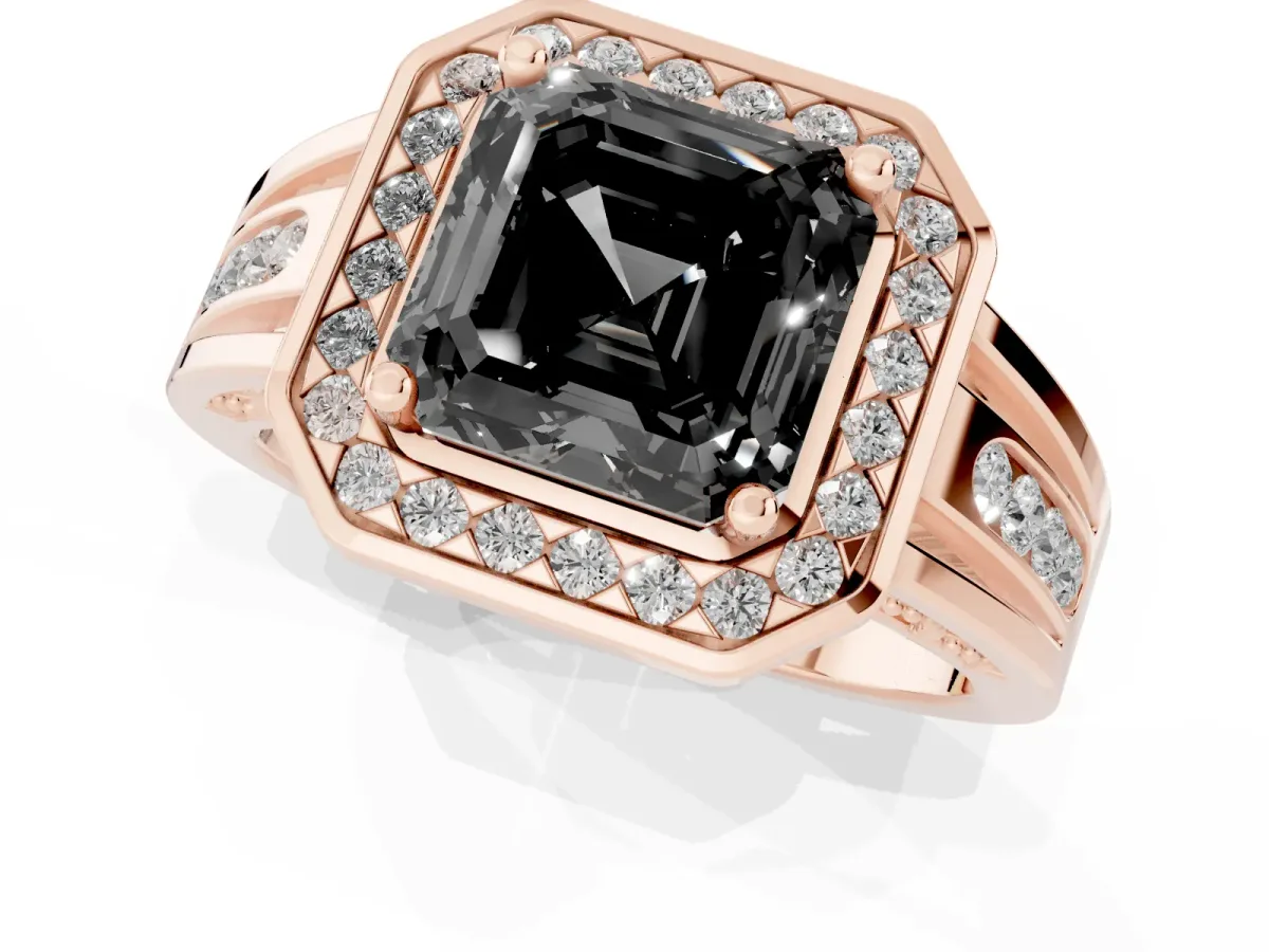Fancy Black Asscher Cut Diamond Halo Ring with Split Shank and Bezel Accents and Prong Setting Rose gold
