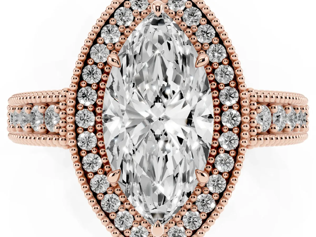 Marquise Cut Cut Halo Diamond Ring with Pavé Band and Four-Prong Setting Rose gold