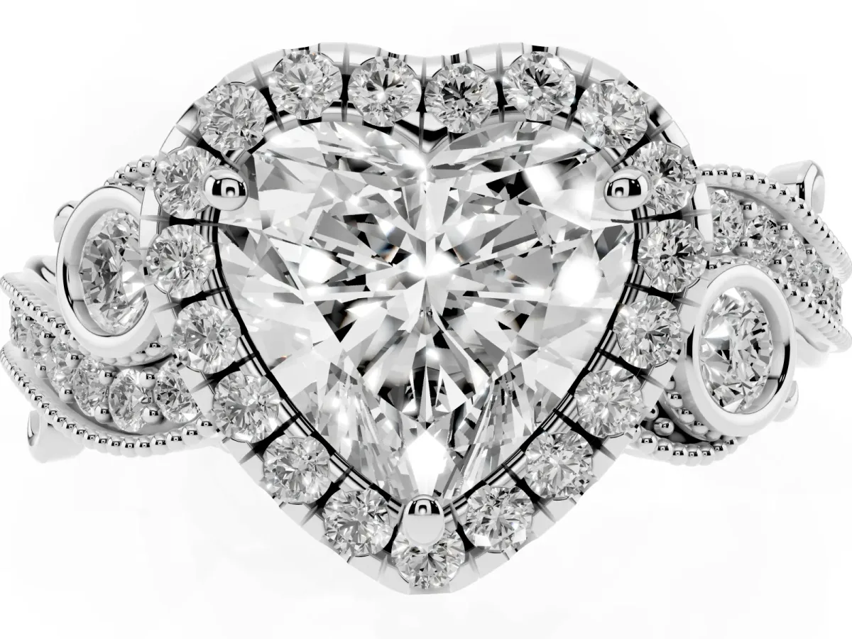 Heart Cut Diamond Halo Ring with Milgrain Pavé Band and Four-Prong Setting White gold