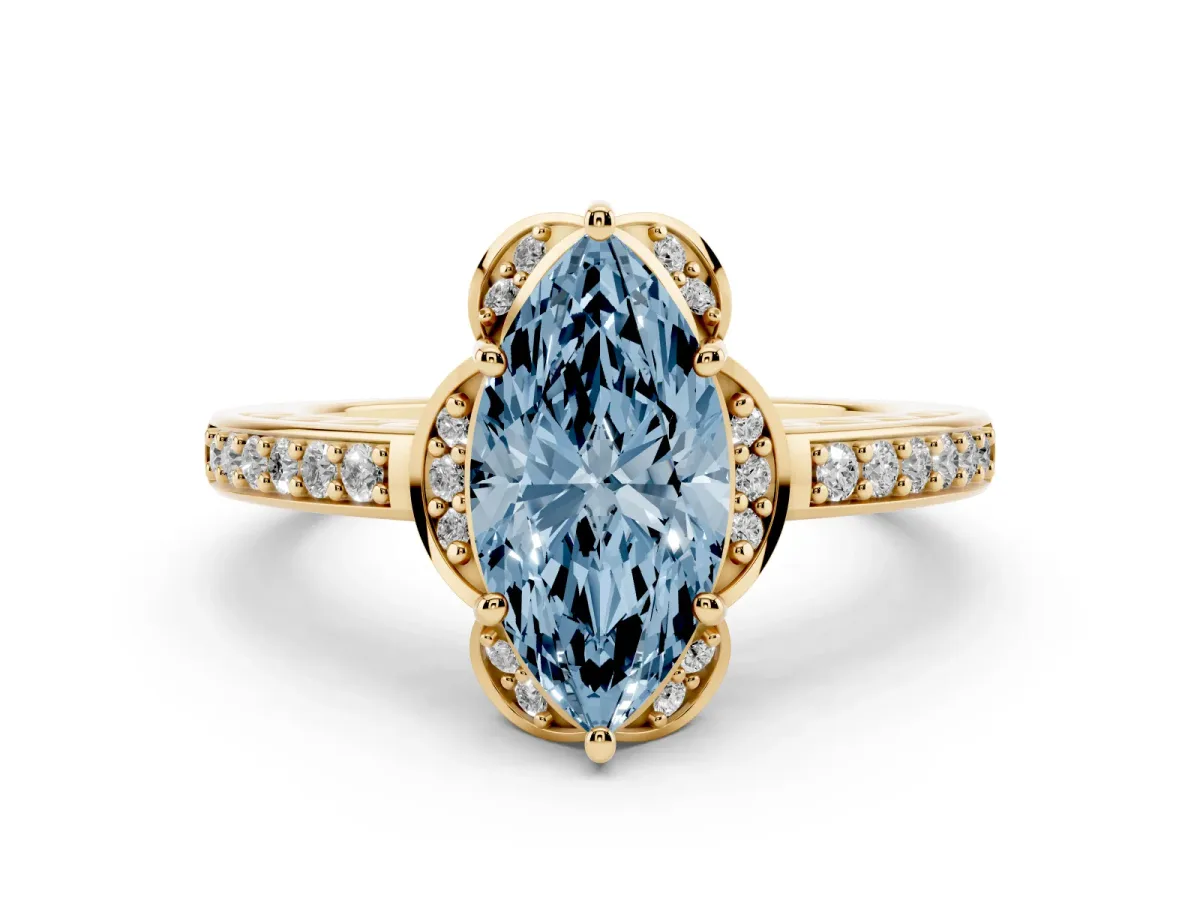 Fancy Blue Marquise Cut Cut Halo Diamond Ring with Channel Set Band and Four-Prong Setting Yellow gold