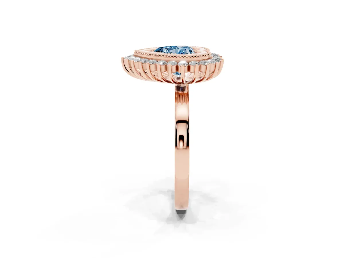 Fancy Blue Heart Cut Halo Diamond Ring with Milgrain Edge and Round Prong Setting Rose gold