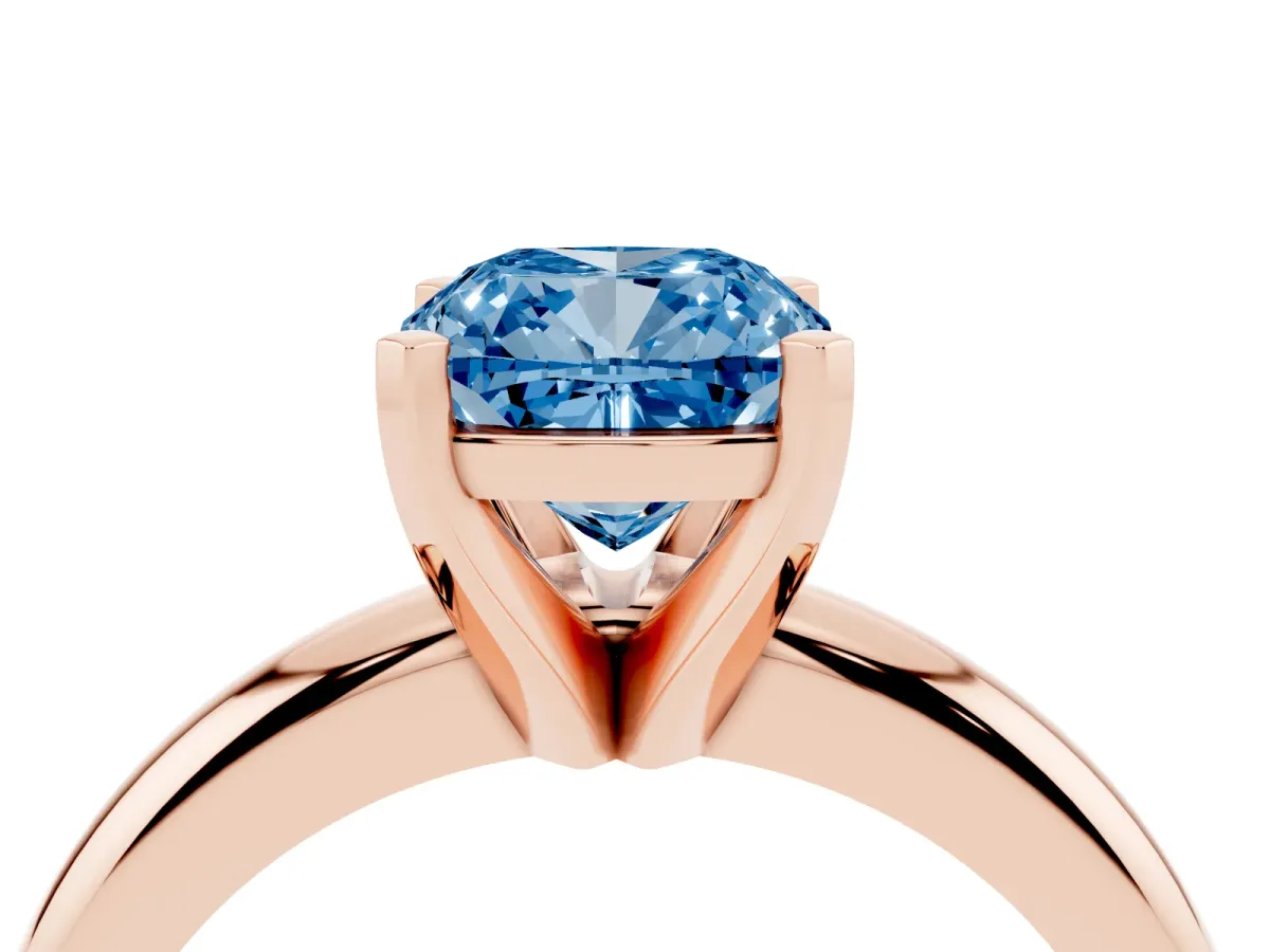 Fancy Blue Cushion Cut Diamond Solitaire Engagement Ring with Round Band and Four-Prong Setting Rose gold
