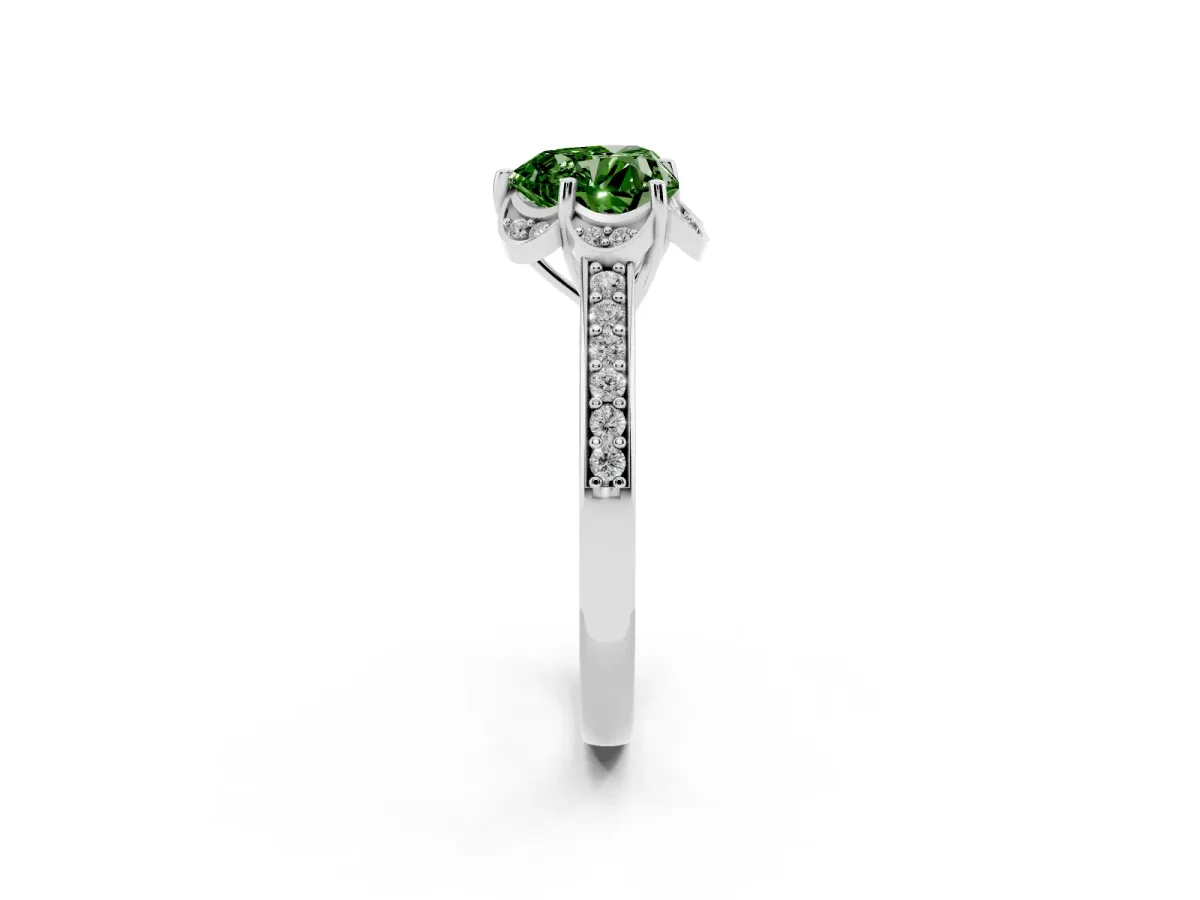 Fancy Green Heart Cut Cut Halo Diamond Ring with Channel Set Band and Four-Prong Setting Platinum