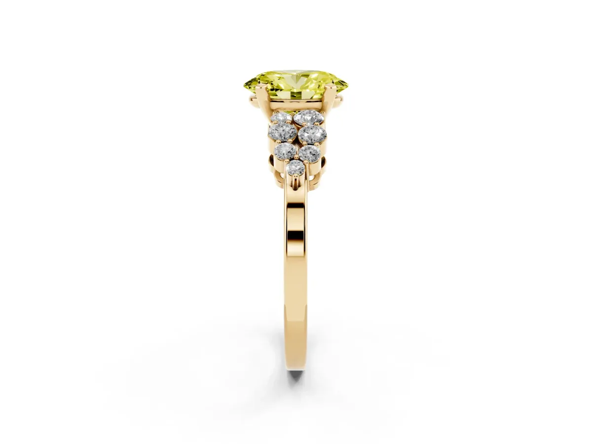 Fancy Yellow Oval Cut Cluster Diamond Engagement Ring with Pavé Band and Four-Prong Setting Yellow gold