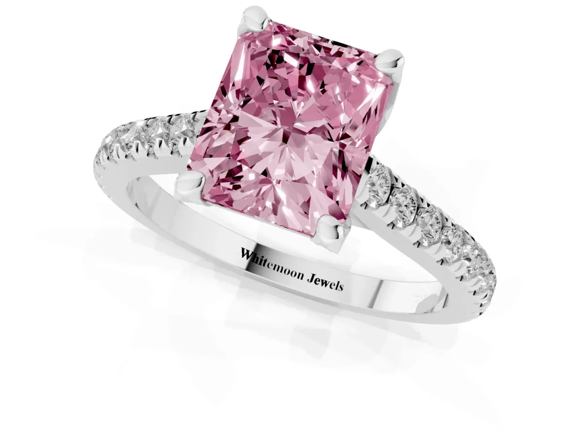 Fancy Pink Radiant Cut Brilliant Diamond Solitaire with Pavé Band and Four-Prong Setting Platinum