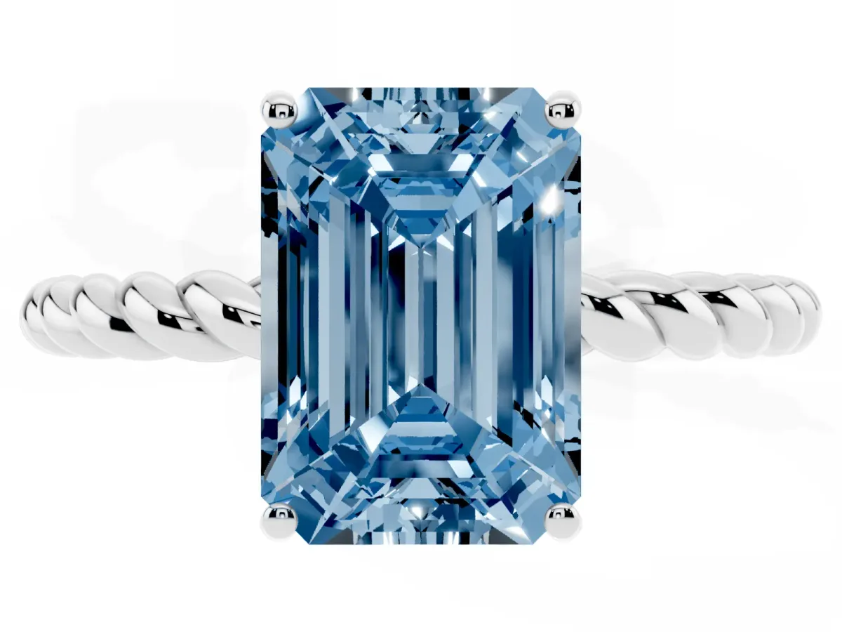 Fancy Blue Emerald Cut Solitaire Twisted Band 4-Prong Ring Silver