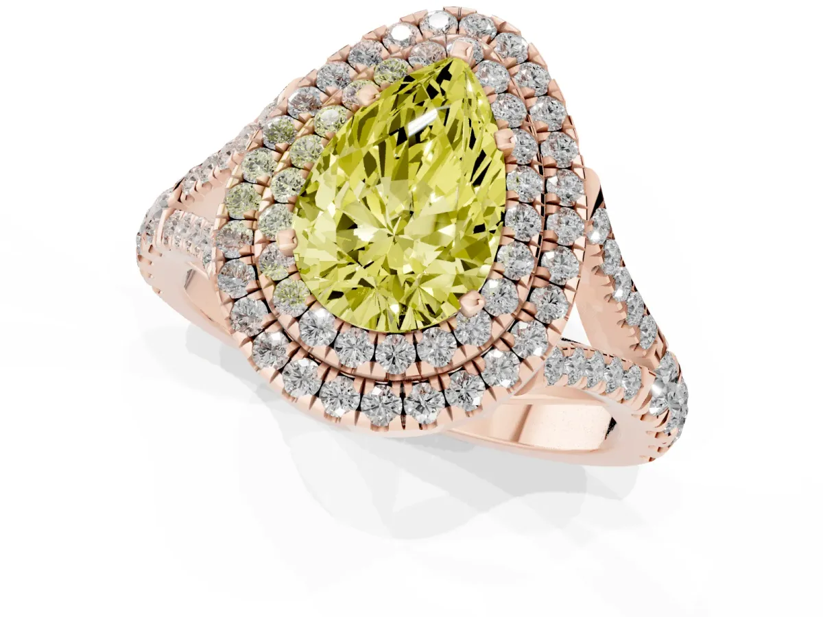 Fancy Yellow Pear Cut Diamond Double Halo Ring with Split Shank and Prong Setting Rose gold