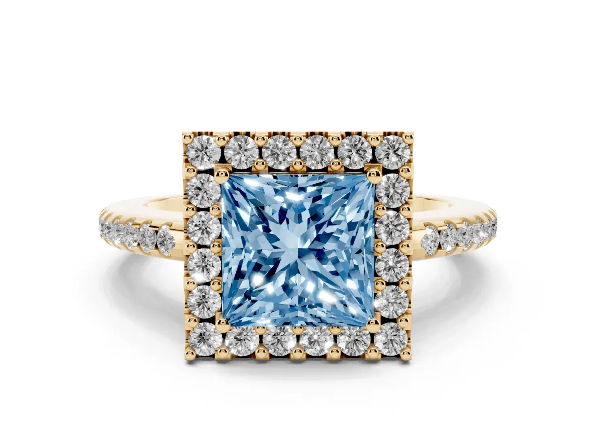 Fancy Blue Princess Cut Diamond Pavé Halo Ring with Four-Prong Setting Yellow gold