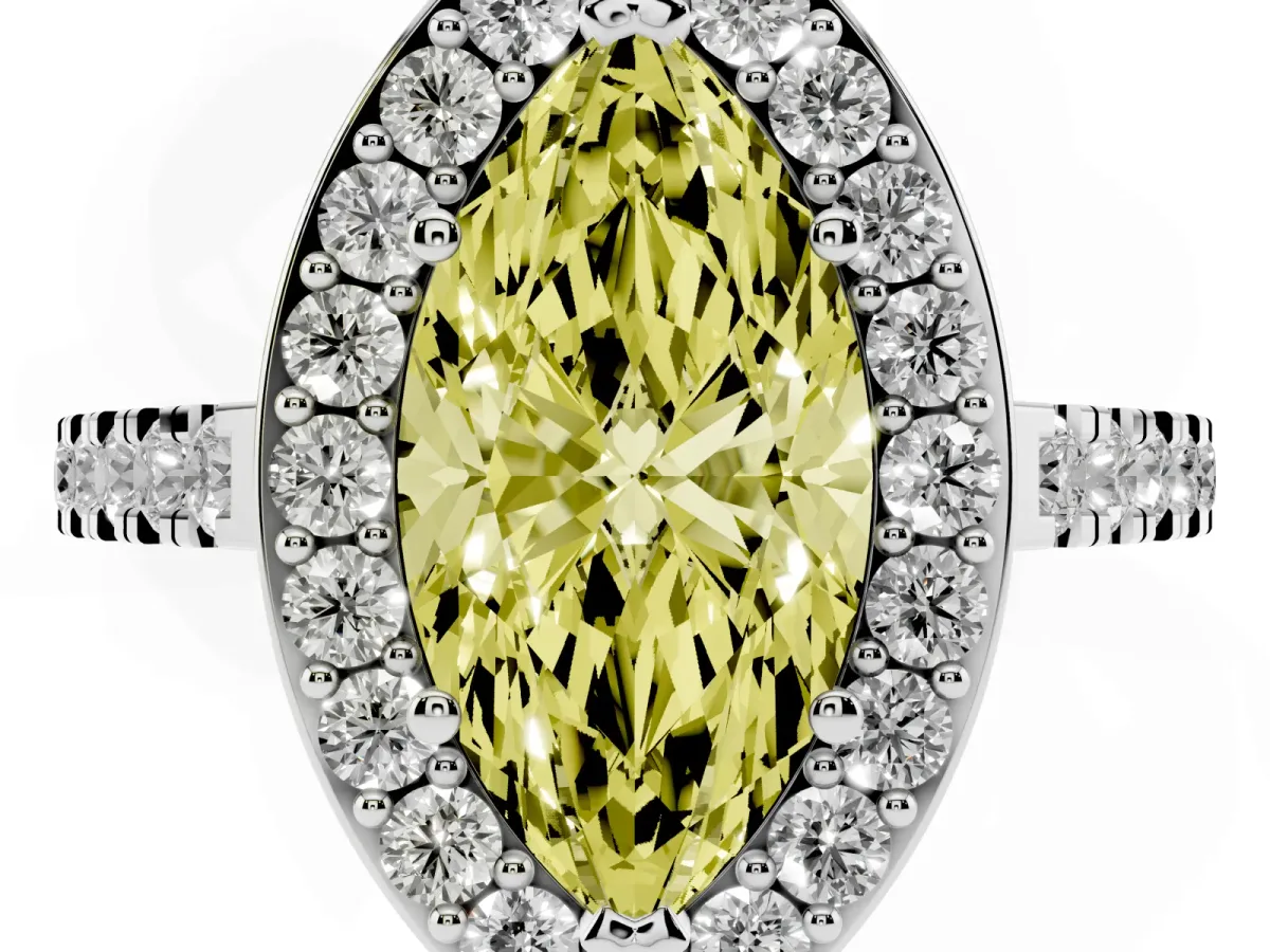 Fancy Yellow Marquise Cut Diamond Halo Ring with Round Pavé Split Shank and Prong Setting White gold