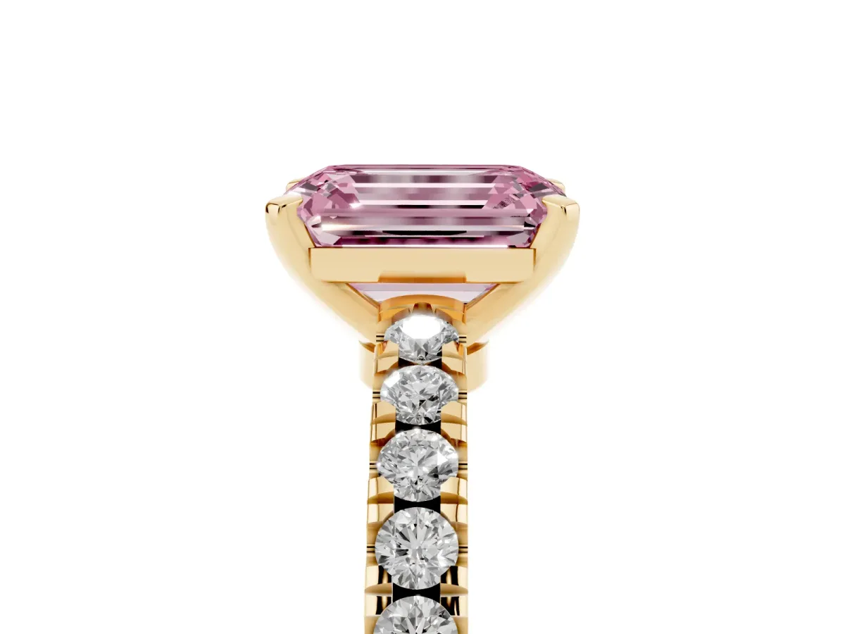 Fancy Pink Emerald Cut Solitaire Diamond with Pavé Band and Four-Prong Setting Yellow gold
