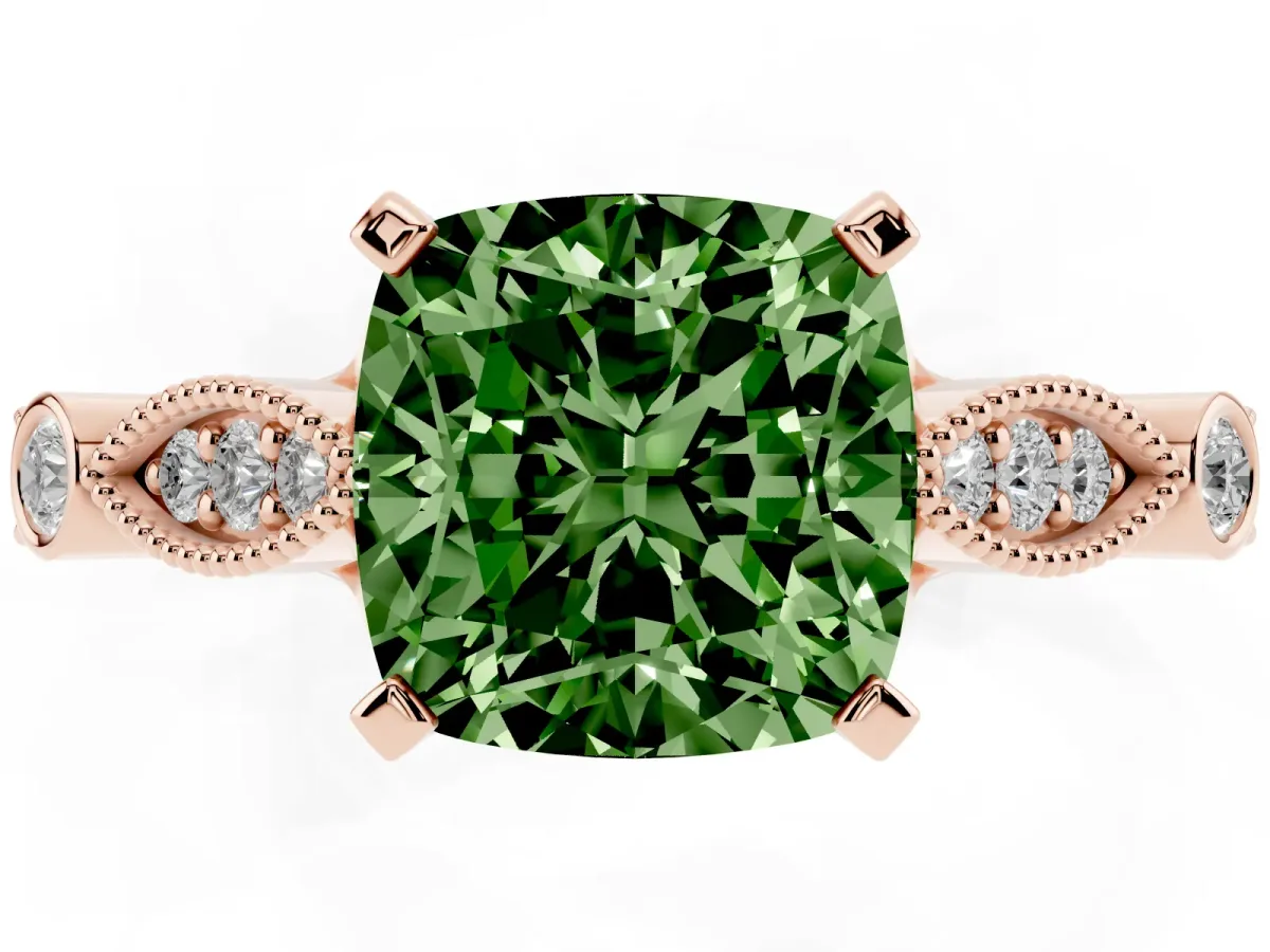 Fancy Green Cushion Cut Cut Diamond with Milgrain Marquise and Bezel Accents on a Solitaire Band with Prong Setting Rose gold