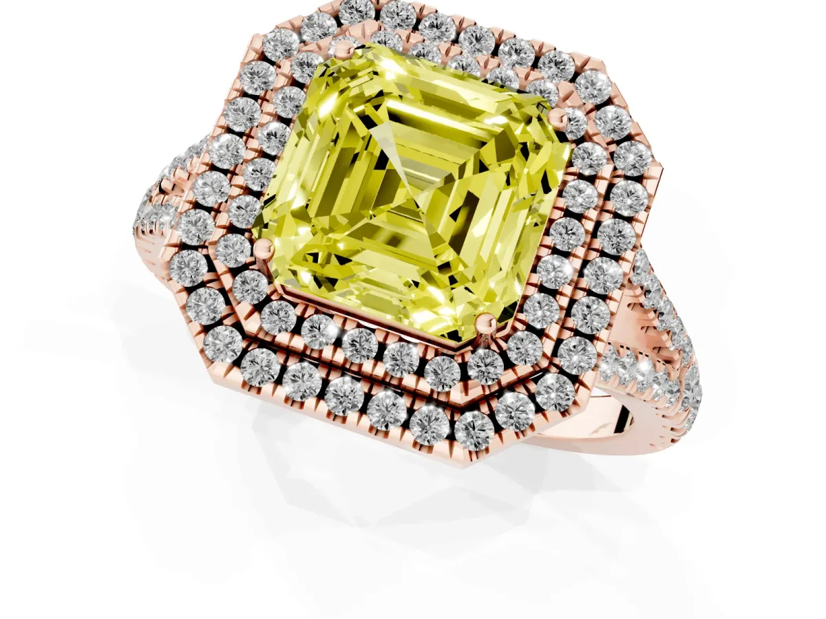 Fancy Yellow Asscher Cut Diamond Double Halo Ring with Pavé Band and Prong Setting Rose gold