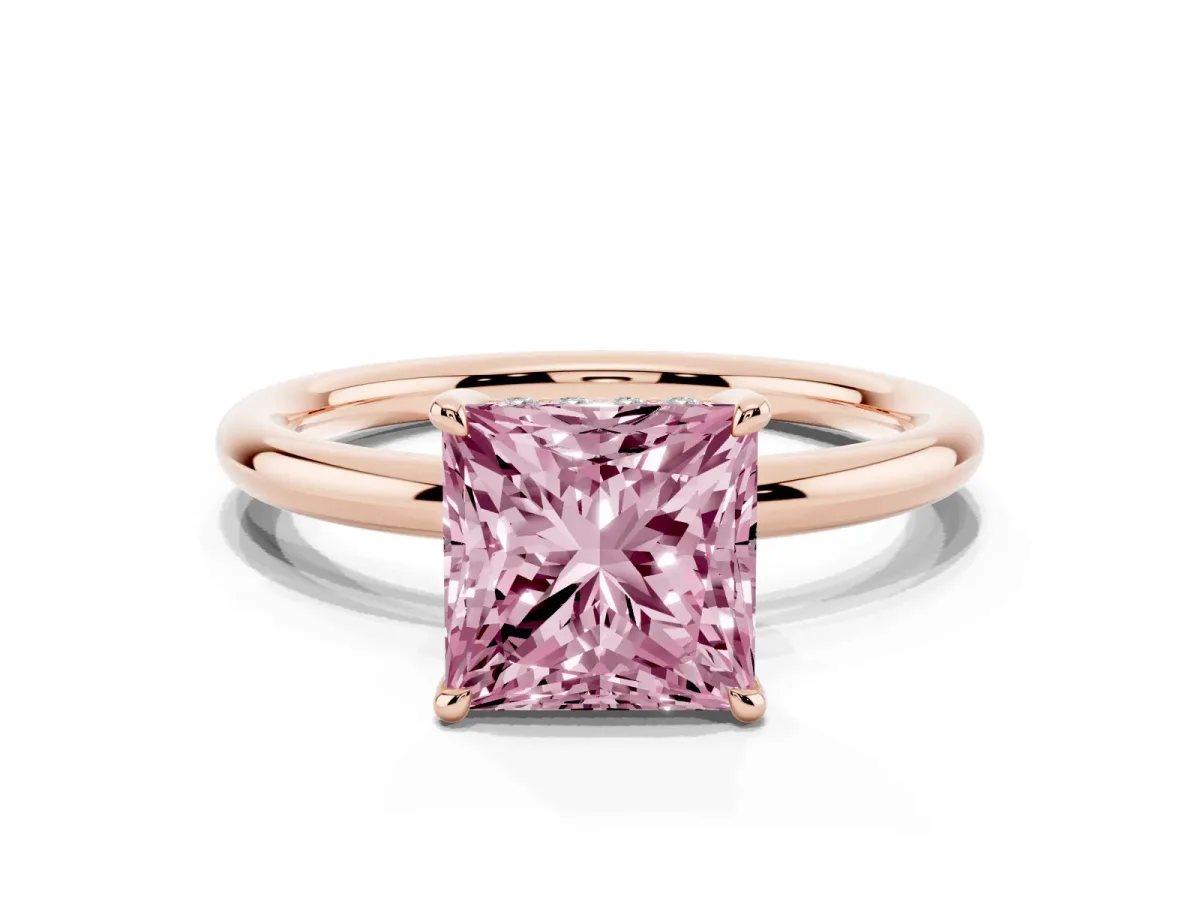 Fancy Pink Princess Cut Diamond Solitaire Ring with Thin Band and Four-Prong Setting Rose gold