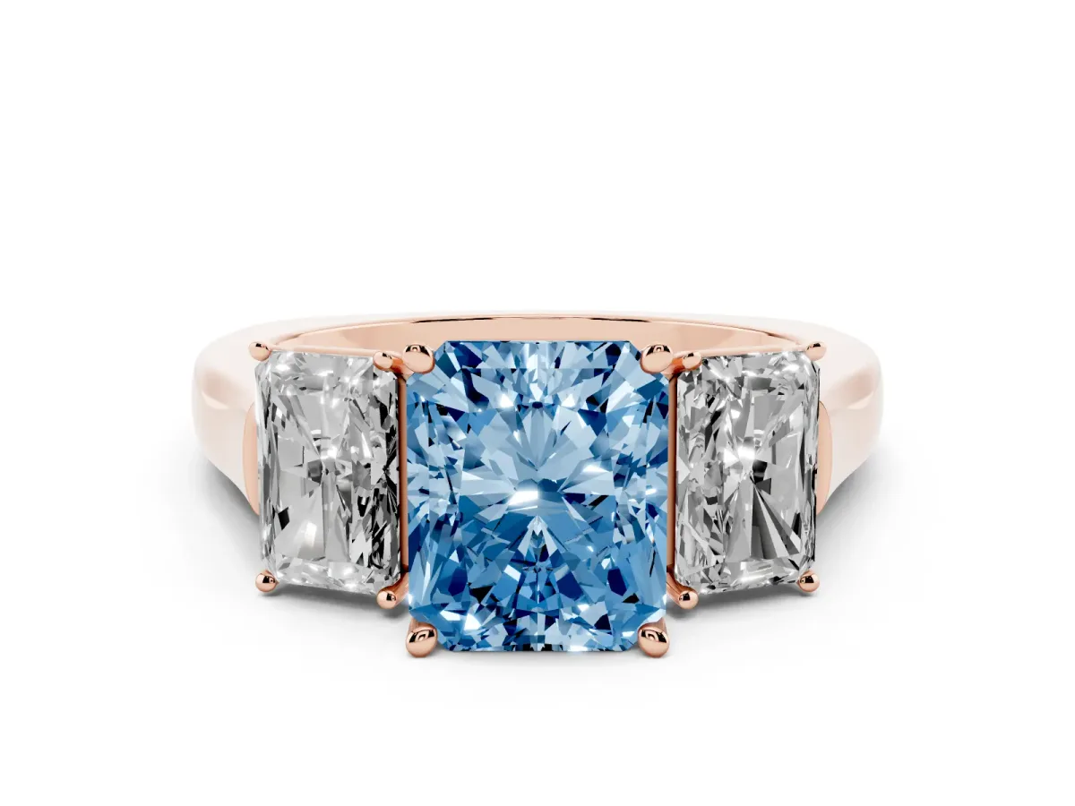 Fancy Blue Three-Stone Radiant Cut Brilliant Diamond Trellis Ring with Comfort Fit Band Rose gold