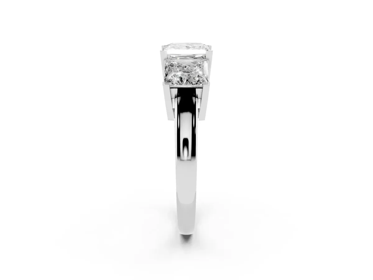 Three-Stone Princess Cut Cut Diamond Ring with Channel Set Band and Four-Prong Setting Silver