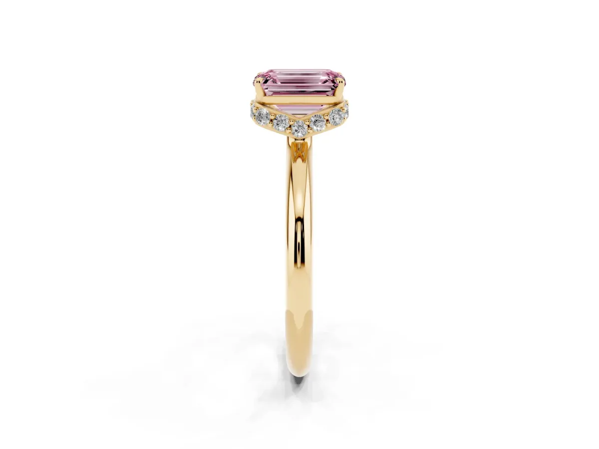 Fancy Pink Emerald Cut Brilliant Solitaire Engagement Ring with Six-Prong Setting and Classic Band Yellow gold