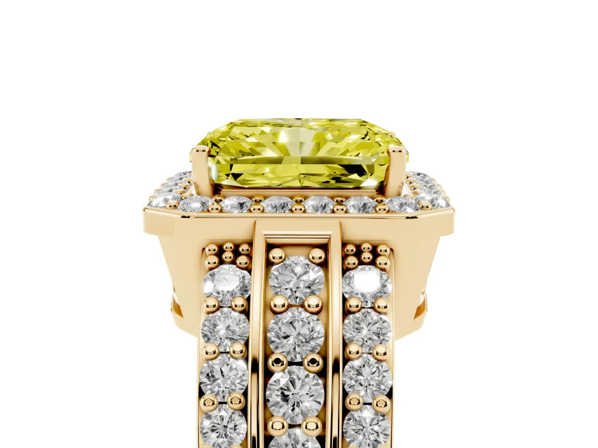 Fancy Yellow Radiant Cut Halo Diamond Ring with Round Split Shank and Prong Setting Yellow gold