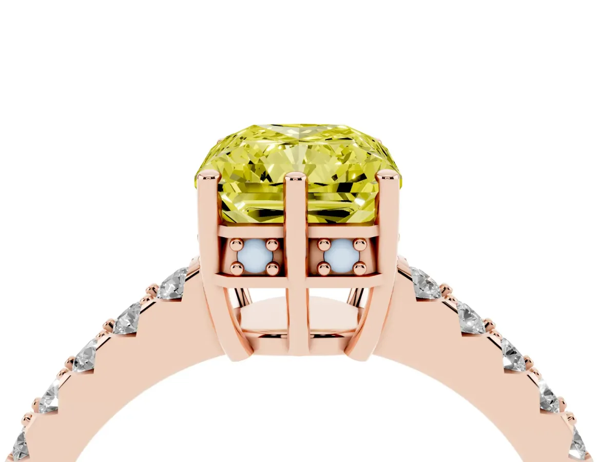 Fancy Yellow Radiant Cut Solitaire Diamond Engagement Ring with Pavé Band and Six-Prong Setting Rose gold
