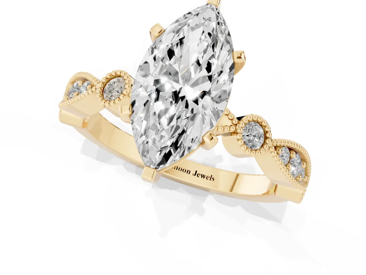 Marquise Cut Milgrain Bezel Diamond Engagement Ring with Solitaire Prong Setting Yellow gold