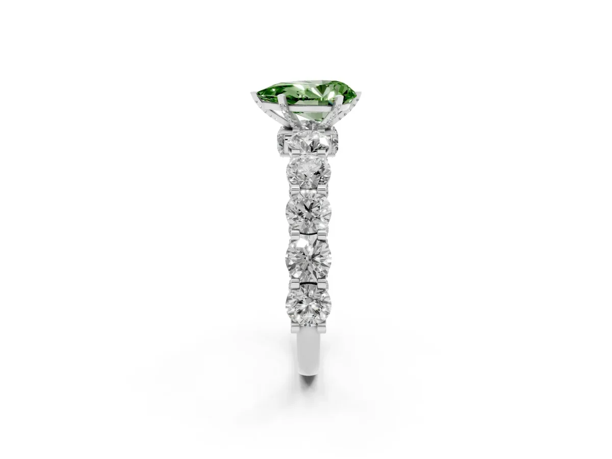 Fancy Green Pear Cut Diamond Side Stone Engagement Ring with Four-Prong Setting Silver