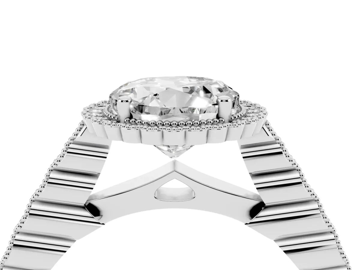 Round Cut Cut Halo Pavé Solitaire Ring with Milgrain Band Silver