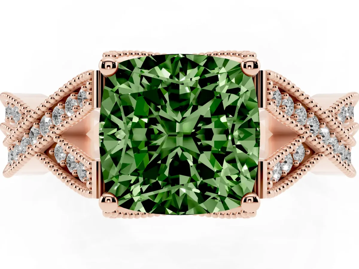 Fancy Green Cushion Cut Cut Diamond Twisted Band with Milgrain Pave Setting and Four-Prong Setting Rose gold