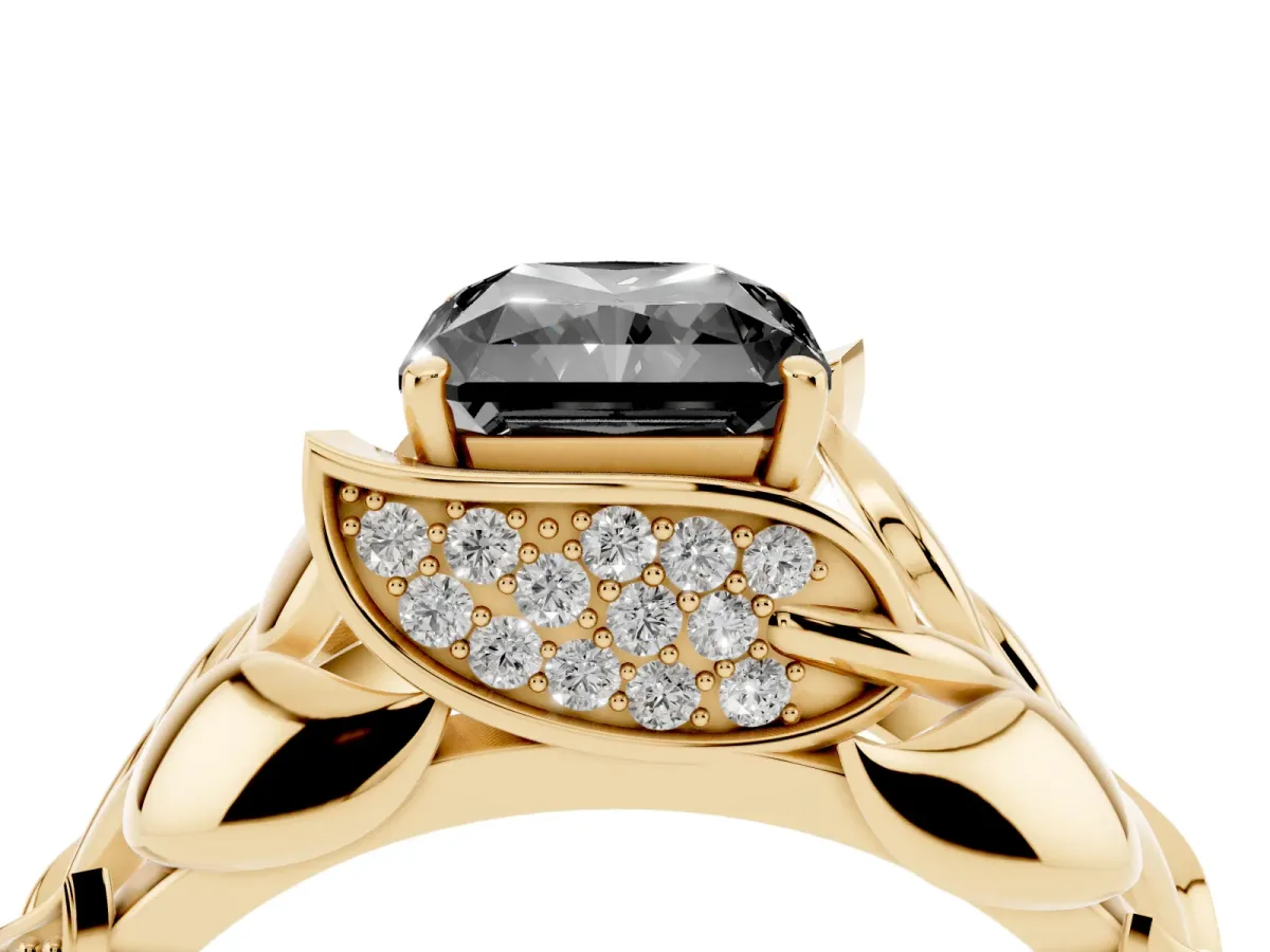 Fancy Black Radiant Cut Diamond Leaf-Inspired Engagement Ring with Round Accents and Prong Setting Yellow gold