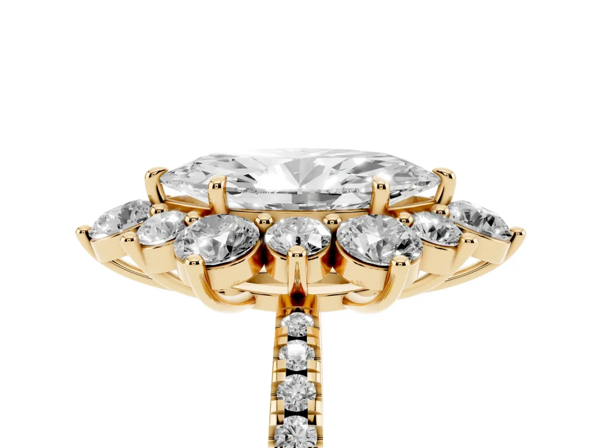 Marquise Cut Diamond Floral Halo Ring with Round Pavé Band and Prong Setting Yellow gold