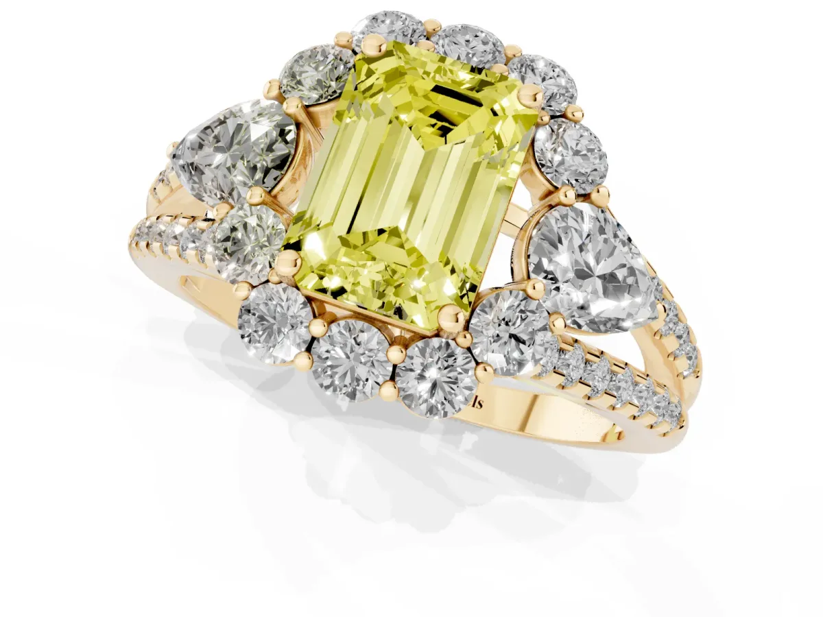 Fancy Yellow Emerald Cut Halo Split Shank Diamond Engagement Ring with Prong Setting Yellow gold