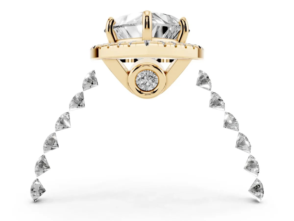 Heart Cut Halo Pavé Diamond Engagement Ring with Four-Prong Setting Yellow gold
