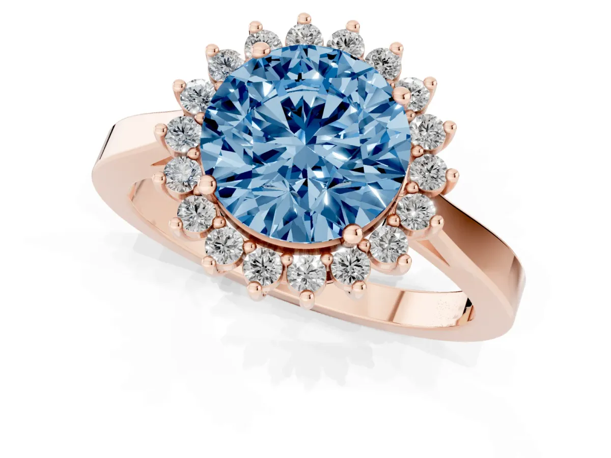 Fancy Blue Round Cut Cut Diamond Halo Ring with Round Brilliant Halo and Solitaire Band Rose gold