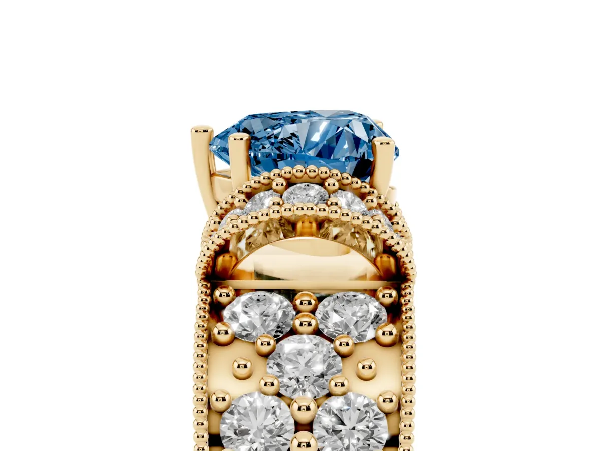 Fancy Blue Heart Cut Halo Pave Diamond Engagement Ring with Milgrain Detailing Yellow gold