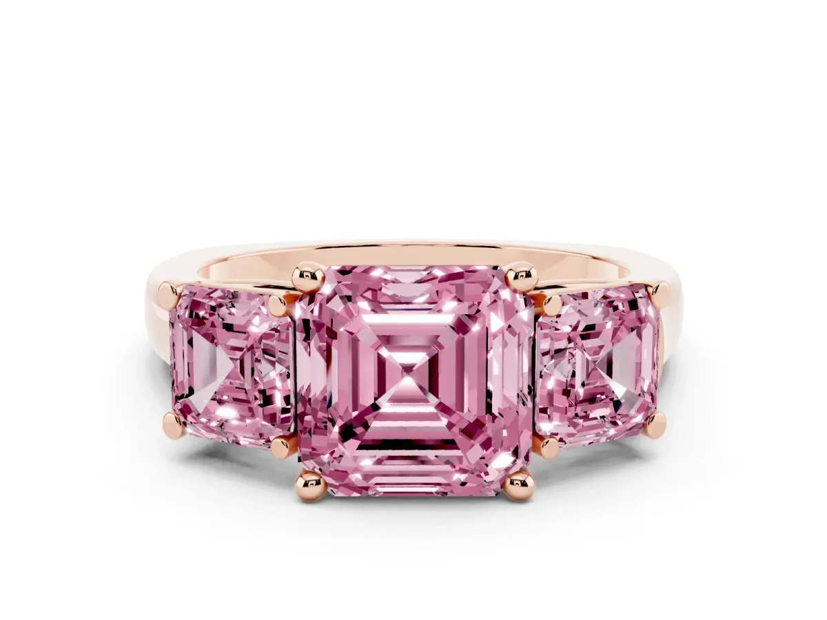 Fancy Pink Three-Stone Asscher Cut Brilliant Diamond Trellis Ring with Comfort Fit Band Rose gold