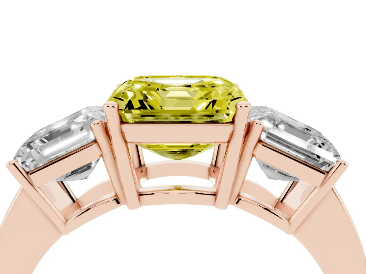 Fancy Yellow Three-Stone Asscher Cut Cut Diamond Engagement Ring with Flat Band and Four-Prong Setting Rose gold