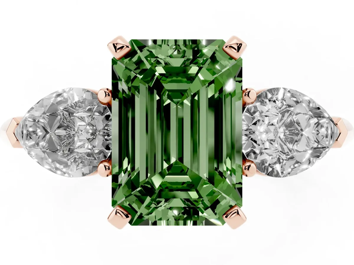 Fancy Green Three-Stone Emerald Cut Diamond Ring with Pear Side Stones and Four-Prong Setting Rose gold
