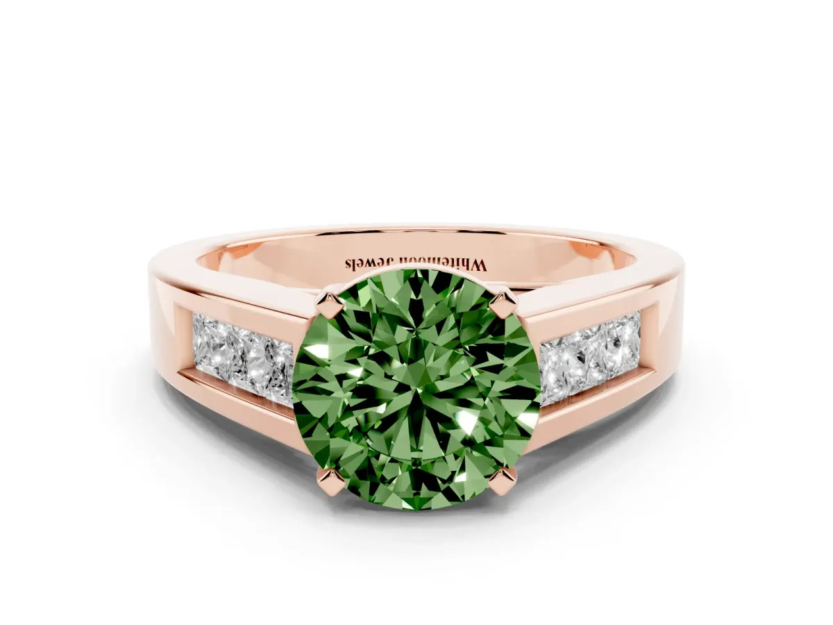Fancy Green Round Cut Cut Channel Set Solitaire Ring with Four-Prong Setting Rose gold