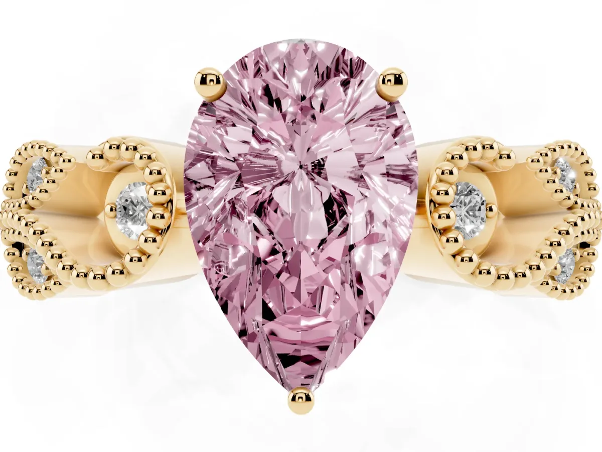 Fancy Pink Pear Cut Solitaire Milgrain Leaf Band with Prong Setting Yellow gold