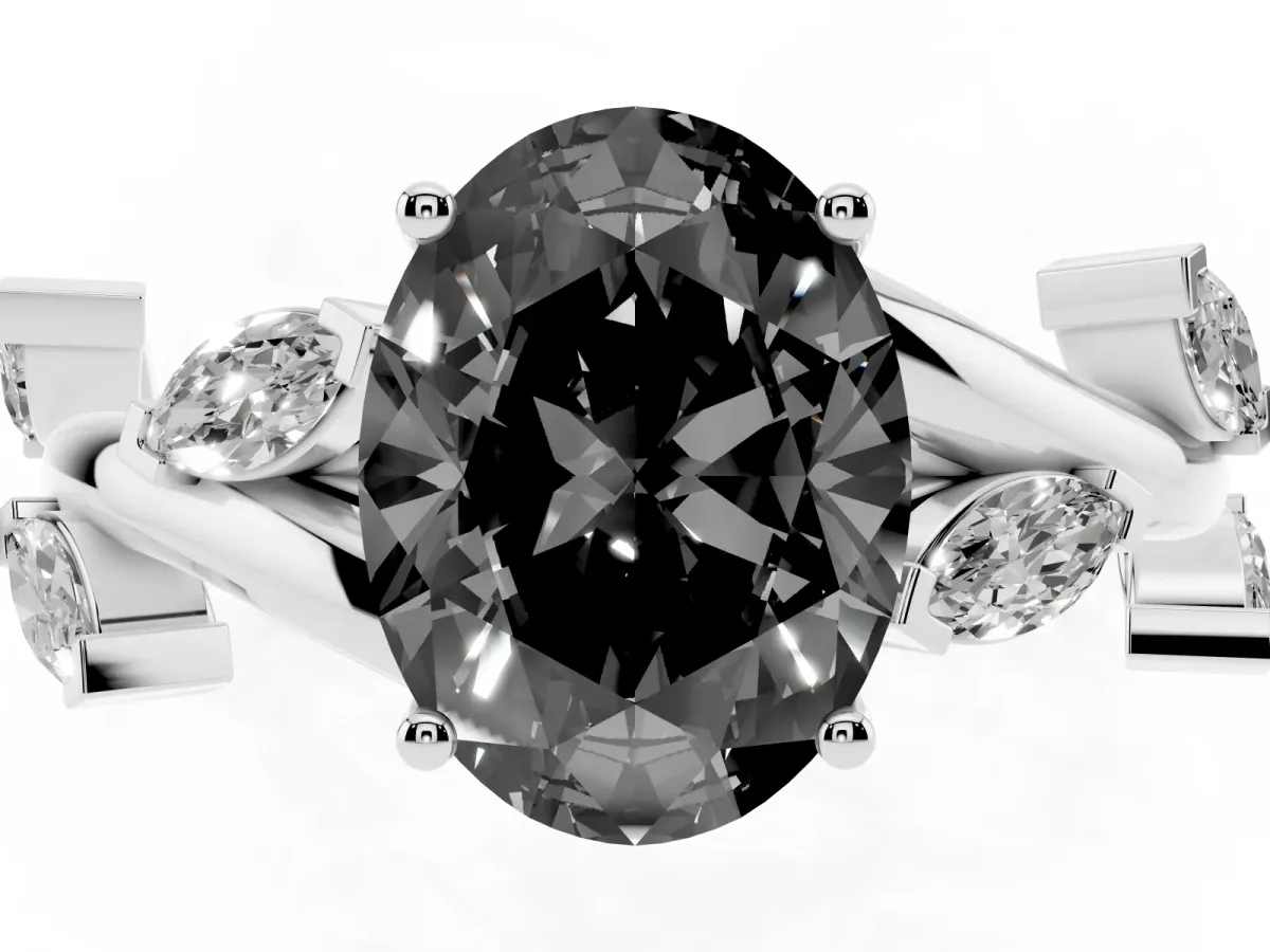Fancy Black Oval Cut Solitaire Twisted Band Marquise Accent Prong Setting Ring White gold