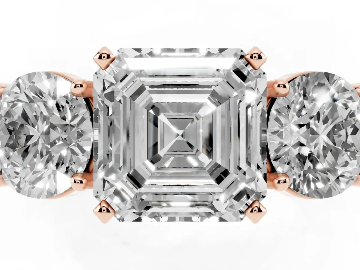 Three-Stone Asscher Cut Diamond Ring with Round Side Stones, Classic Band, and Four-Prong Setting Rose gold