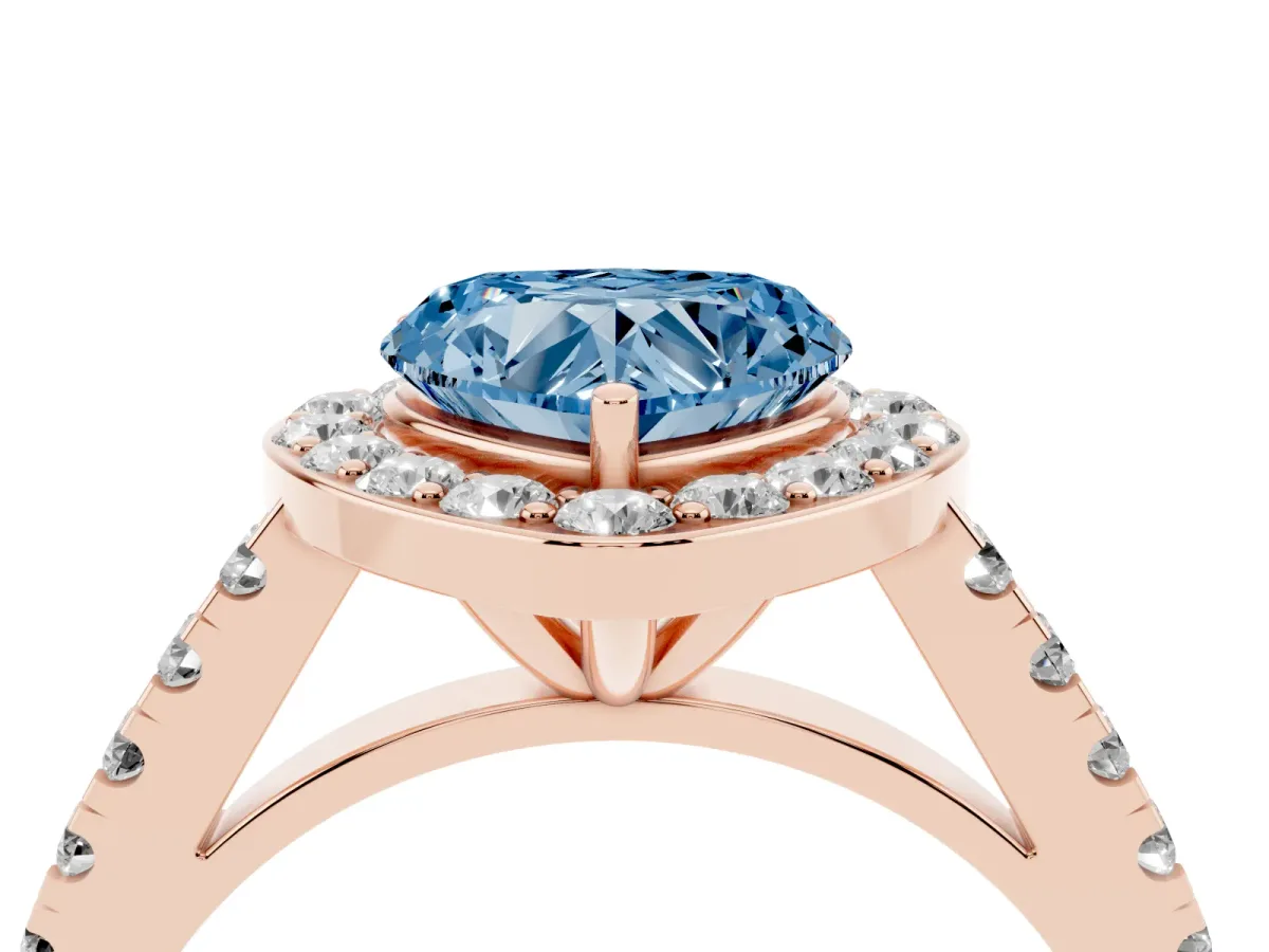 Fancy Blue Heart Cut Diamond Halo Ring with Round Pavé Split Shank and Prong Setting Rose gold