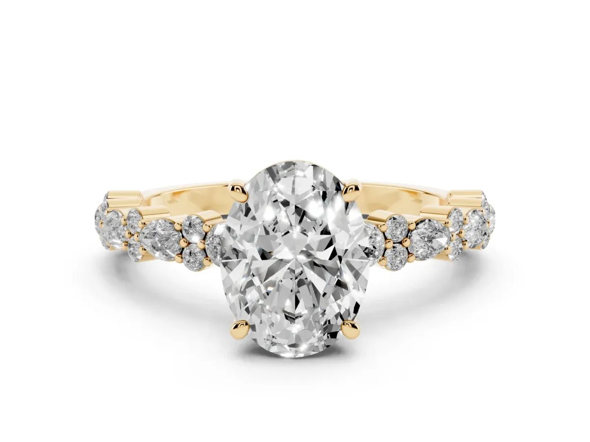 Oval Cut Diamond Side Stone Solitaire Ring with Round and Four-Prong Setting Yellow gold