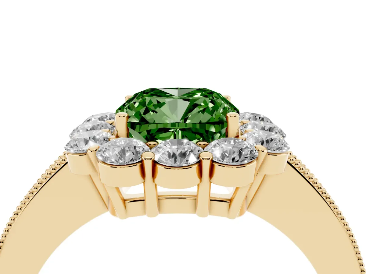 Fancy Green Cushion Cut Cut Halo Diamond Pavé Engagement Ring with Milgrain Detailing Yellow gold