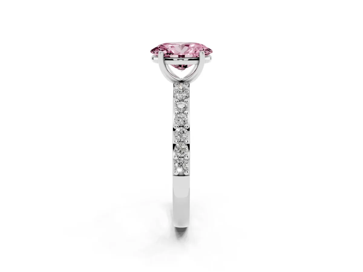 Fancy Pink Oval Cut Cut Diamond Solitaire with Pave Band and Four-Prong Setting Silver