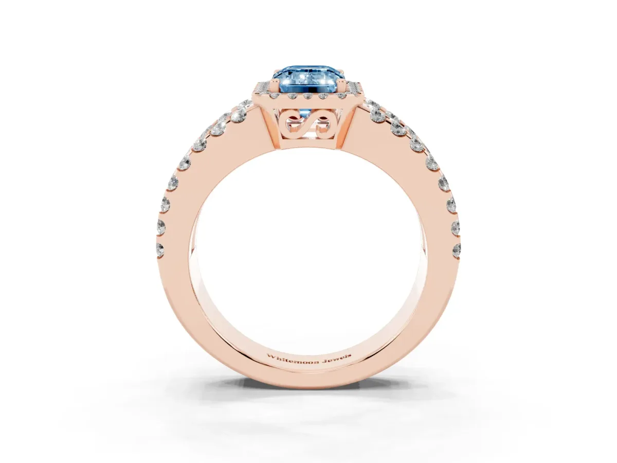 Fancy Blue Emerald Cut Cut Halo Split Shank Diamond Ring with Four-Prong Setting Rose gold